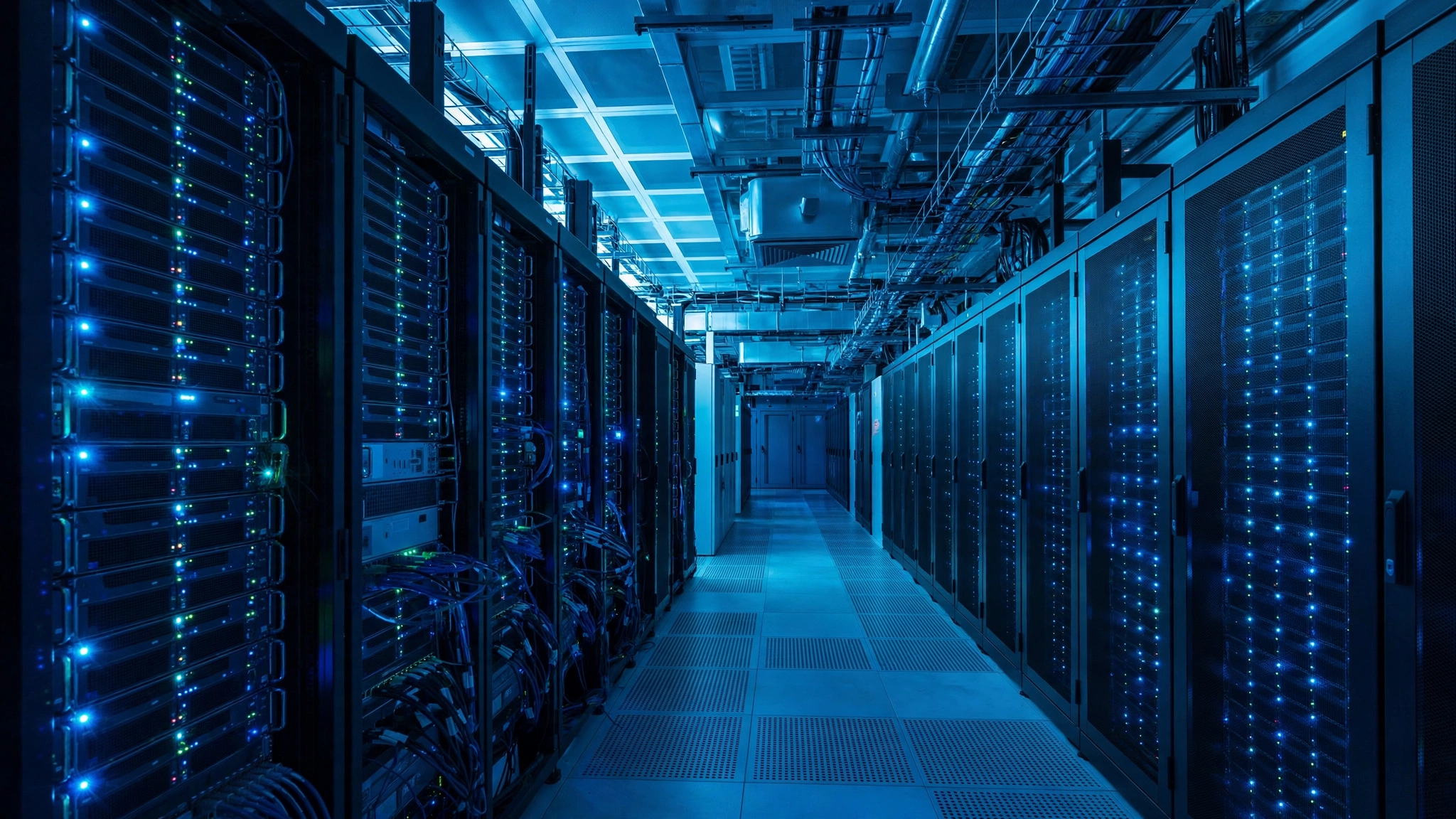 A corridor in a data center with rows of server racks and blinking indicator lights under cool blue lighting.