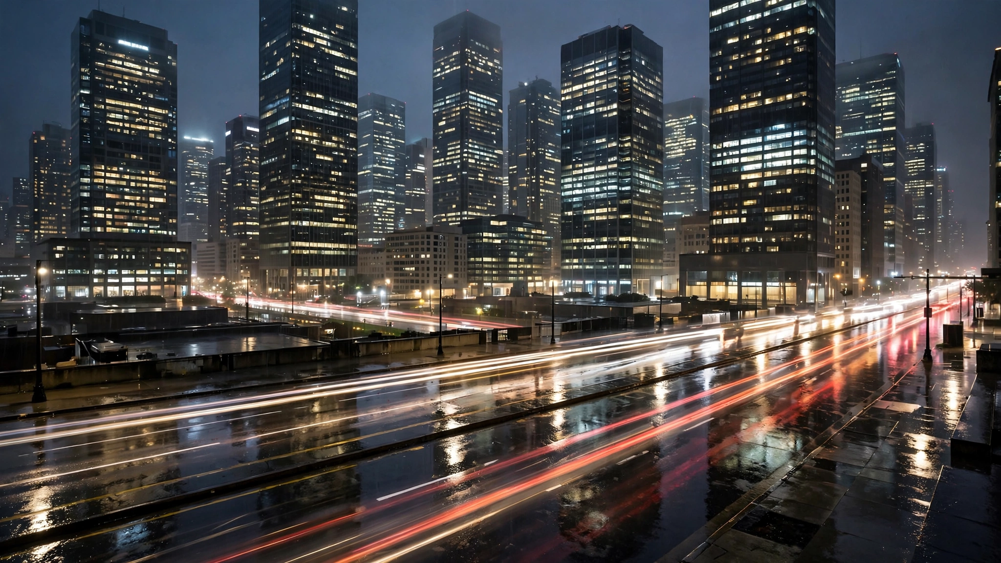 Skyscrapers of a financial district at night with car light trails on a wet street below.