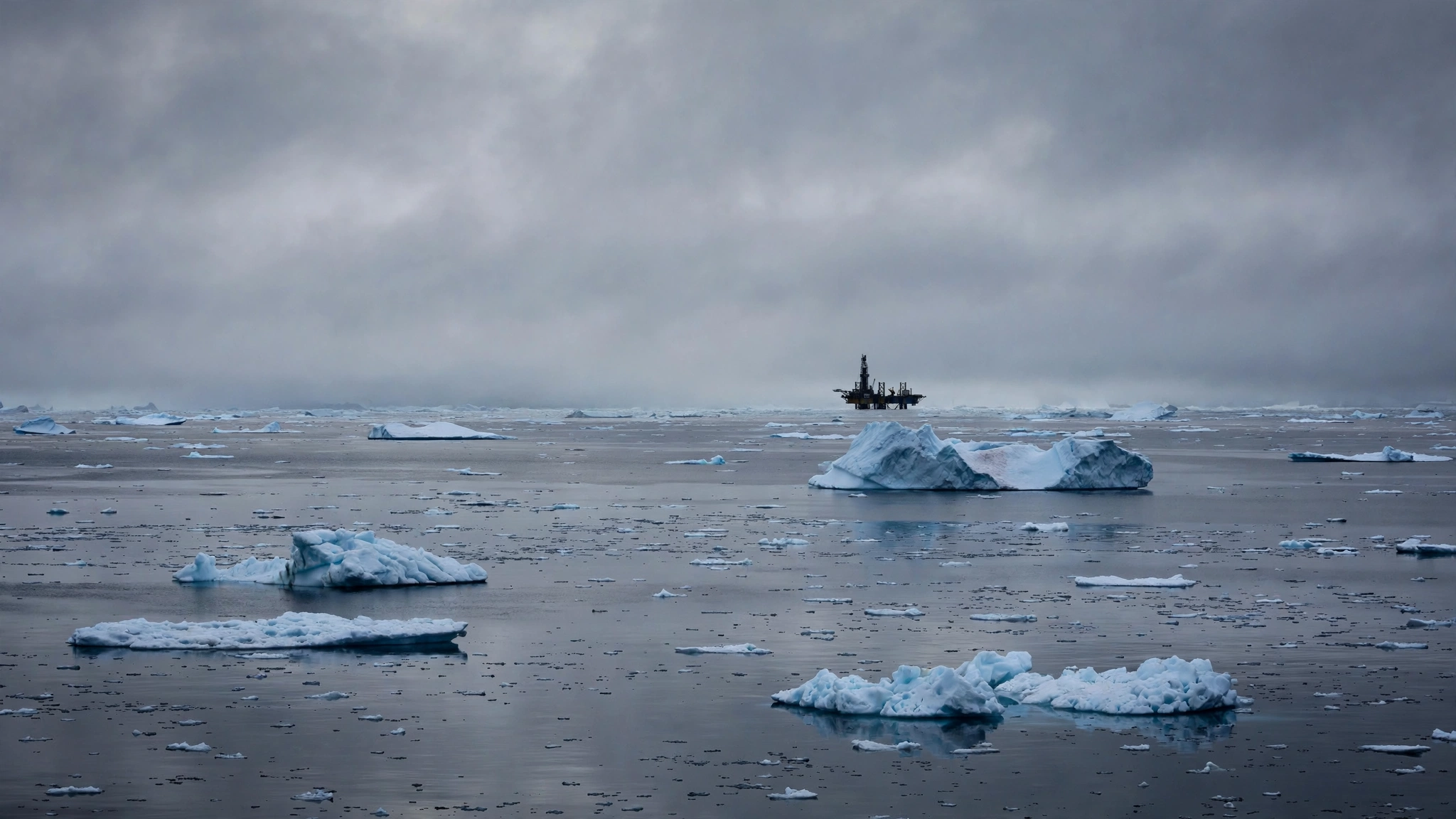An offshore drilling platform on the horizon of grey Arctic waters dotted with icebergs.