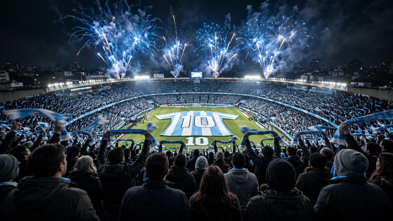 A packed soccer stadium at night with fireworks overhead and fans waving light blue and white scarves as a giant number 10 jersey covers the field