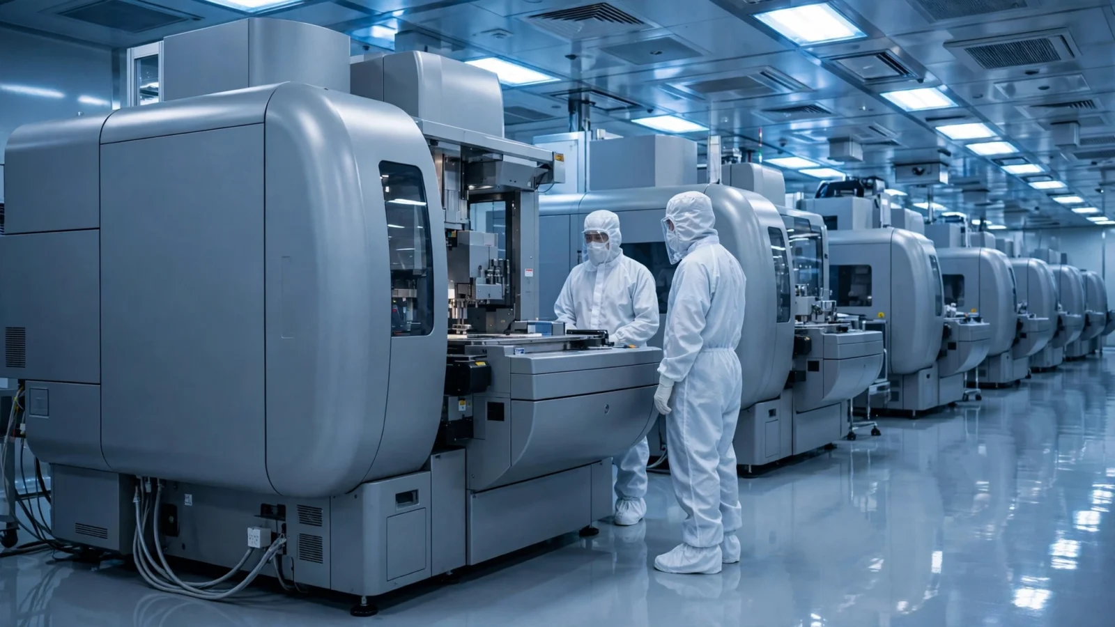Two technicians in white cleanroom suits standing next to rows of large chipmaking machines inside a semiconductor fabrication cleanroom