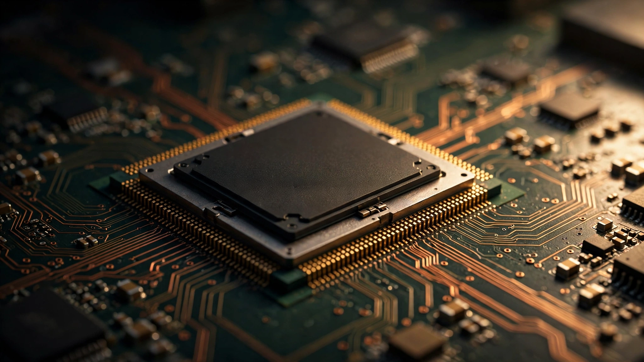 Close-up of a computer processor chip mounted on a green circuit board with gold pins and copper traces