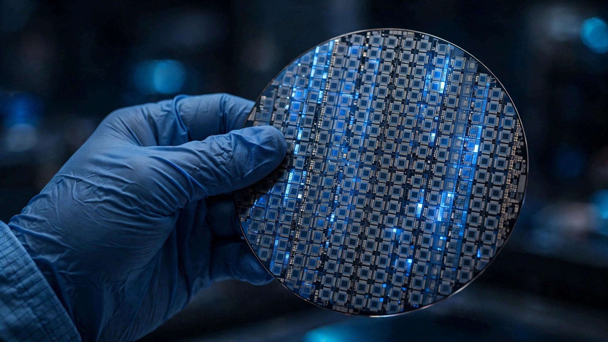 A gloved hand holding a round silicon wafer covered with a grid of microchips reflecting blue light