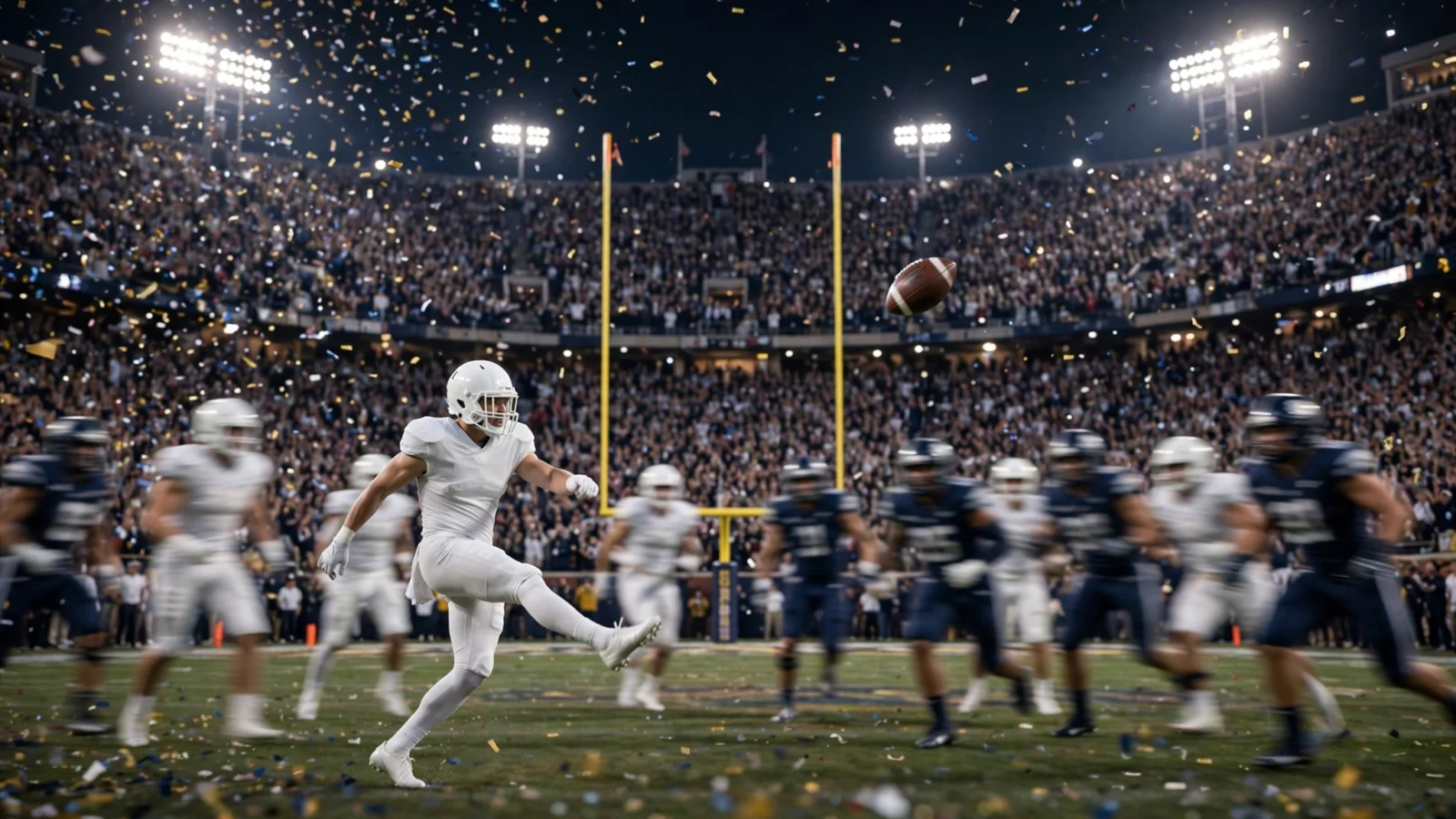 A kicker in a white uniform kicking a field goal in a packed college football stadium at night with confetti falling