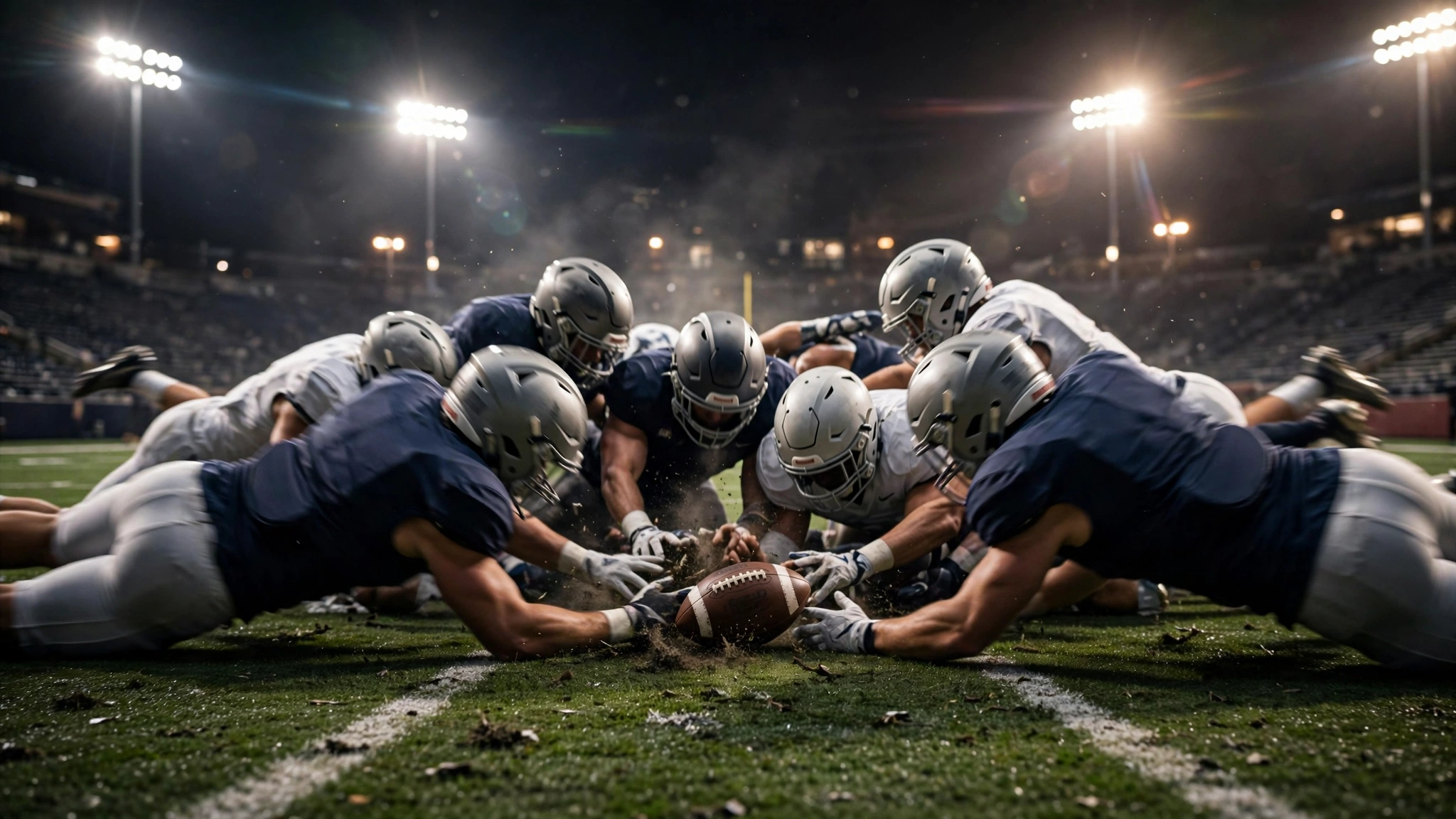 Players from two college football teams diving for a loose ball during a fumble scramble on the field at night