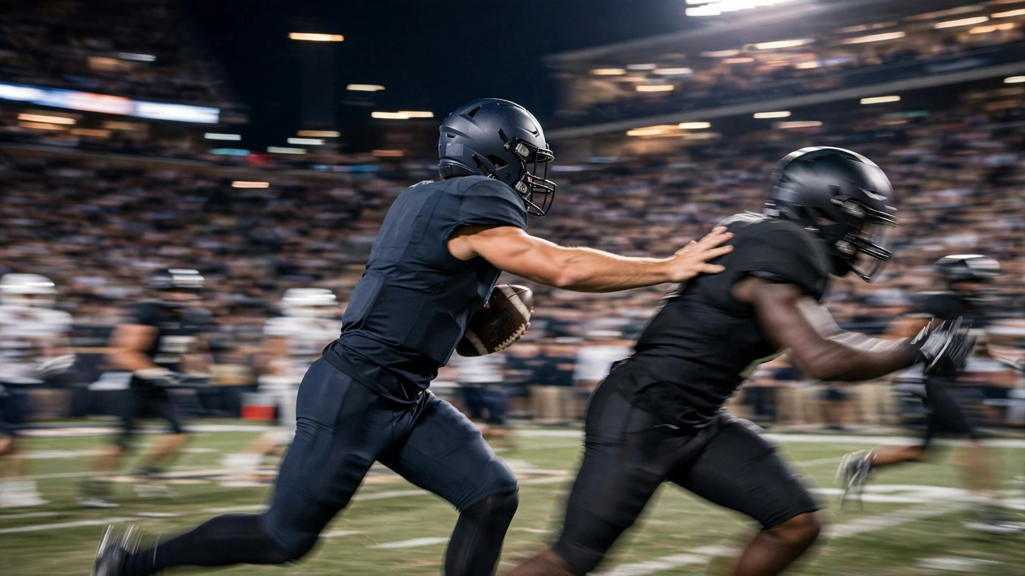 A college football quarterback in a dark uniform sprinting with the ball during a night game