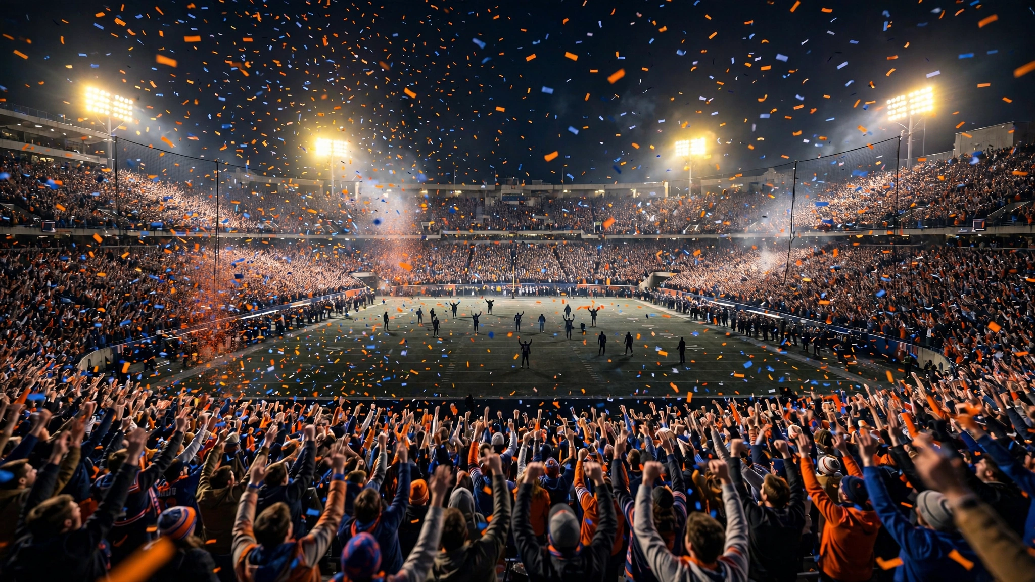 A packed college football stadium celebrating at night with confetti falling over the field