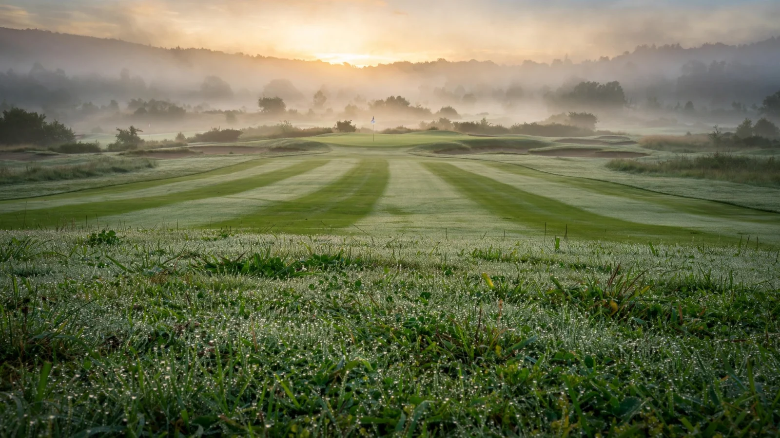 An empty golf course fairway and green at sunrise with morning mist.
