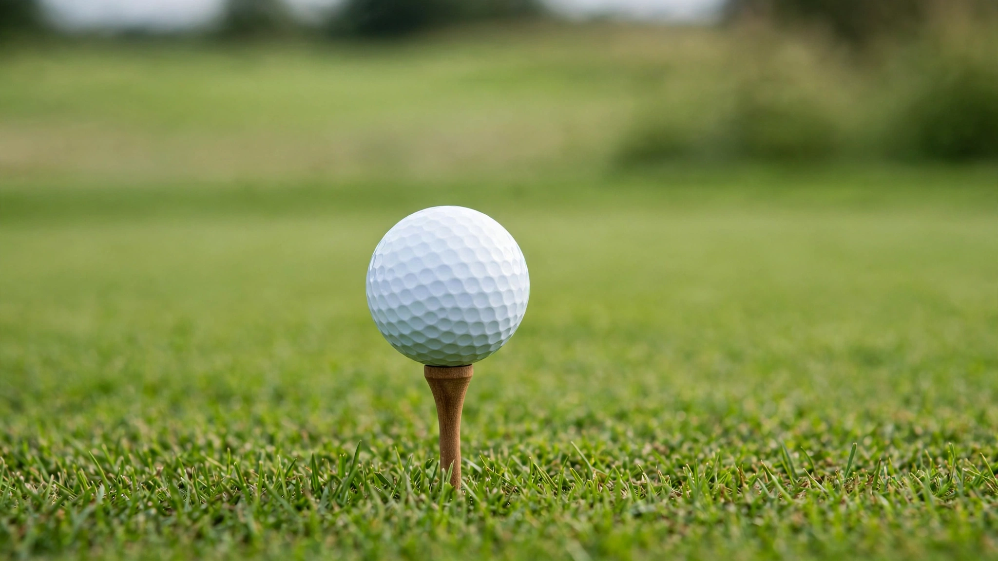 A white golf ball sitting on a wooden tee on a green fairway.