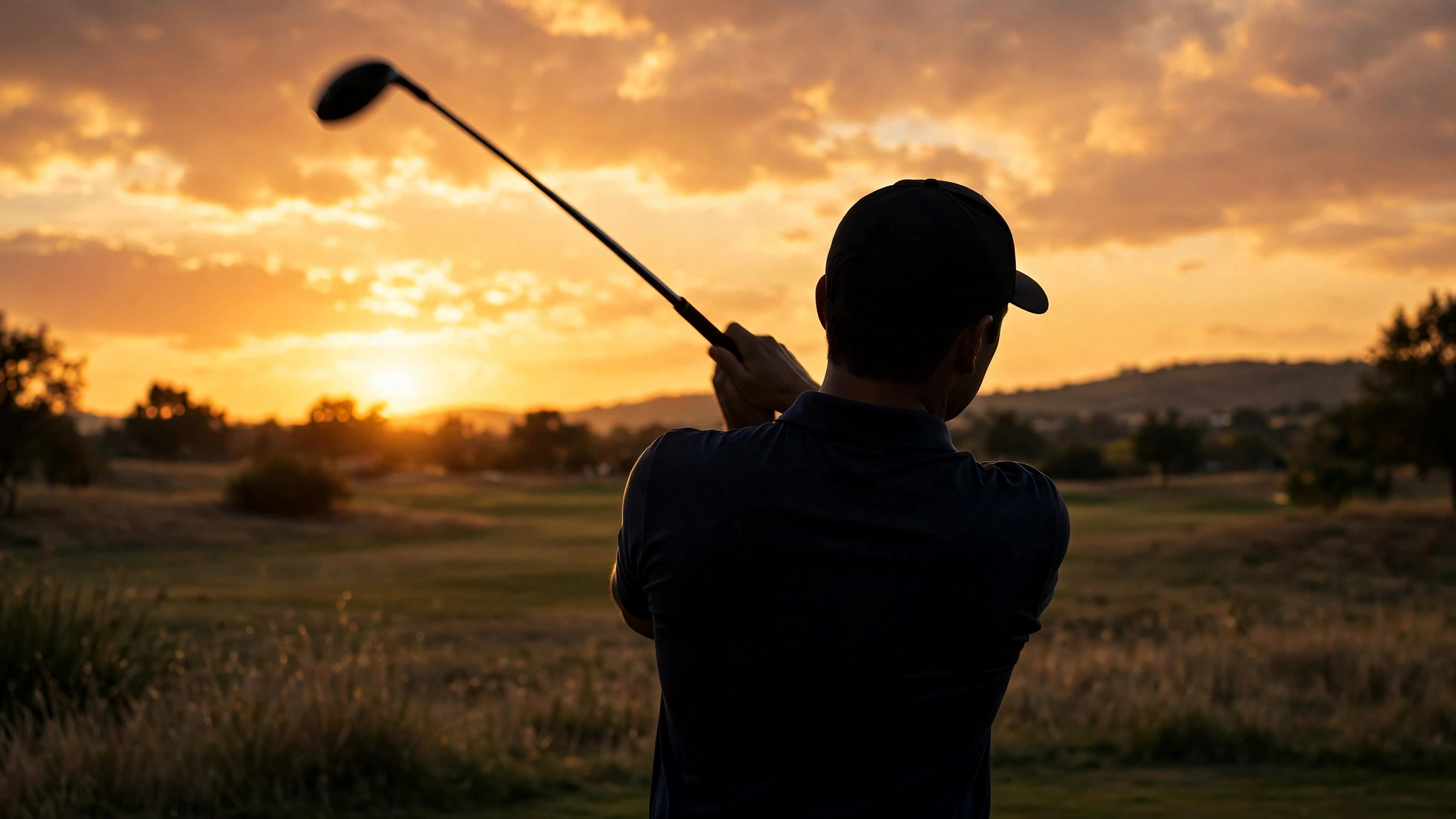 The silhouette of a golfer mid-swing seen from behind at sunset.