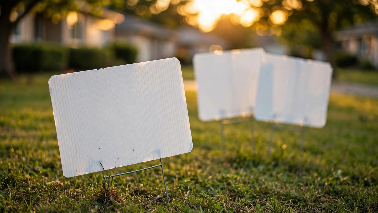 Blank campaign yard signs on a suburban lawn at sunset