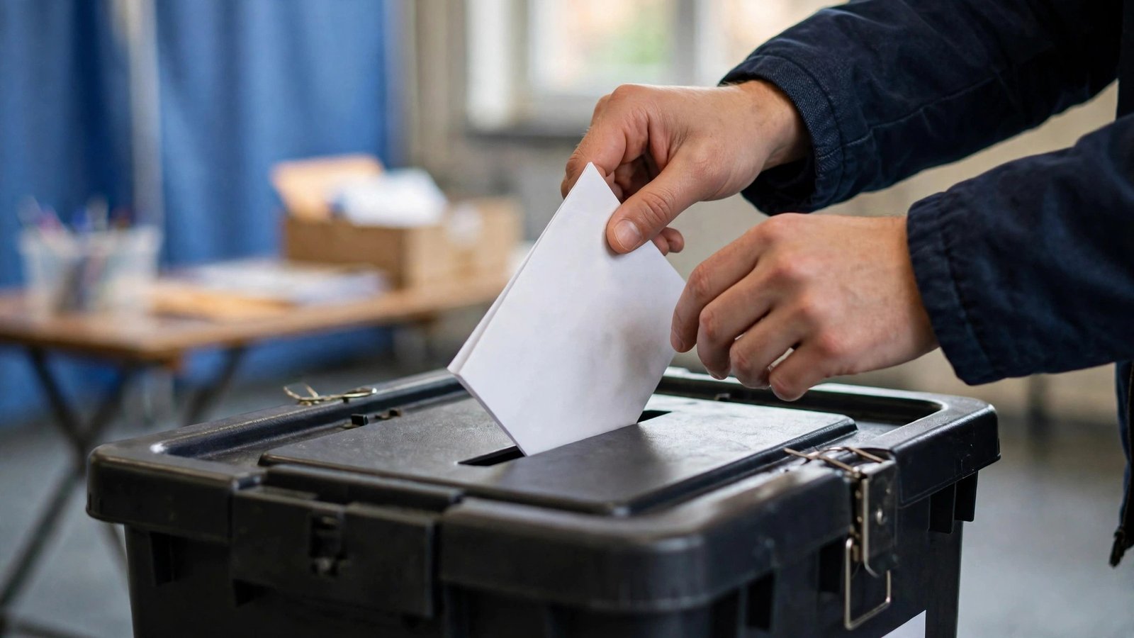 A voter's hands placing a paper ballot into a black ballot box at a polling station