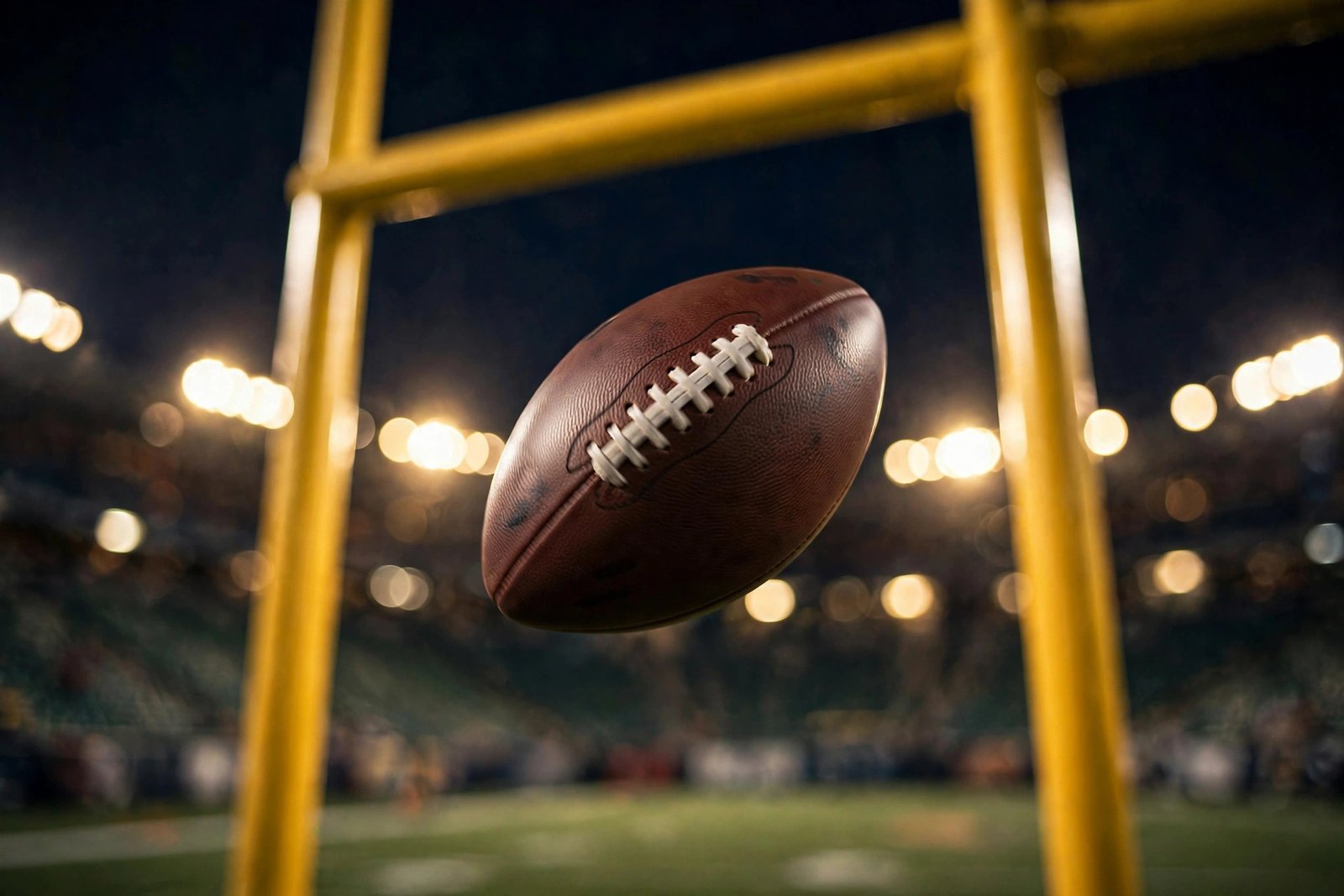 An American football in midair between the yellow goalpost uprights under stadium lights at night.