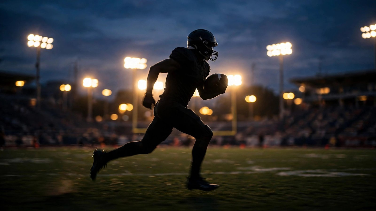 The silhouette of a football player running with a ball on a field at dusk, with stadium floodlights in the background.