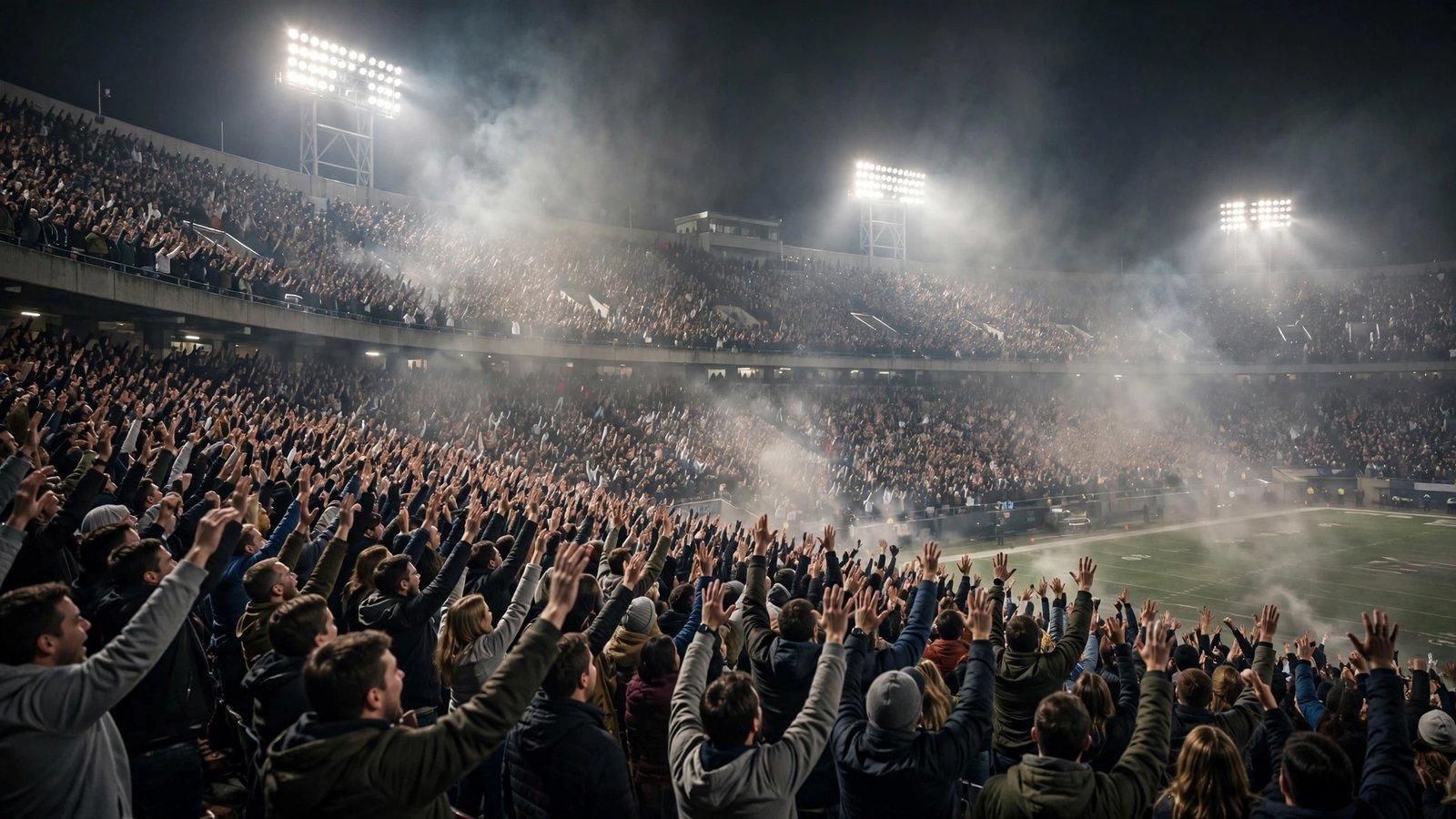 Thousands of fans with raised arms filling the stands of a football stadium at night under bright floodlights.
