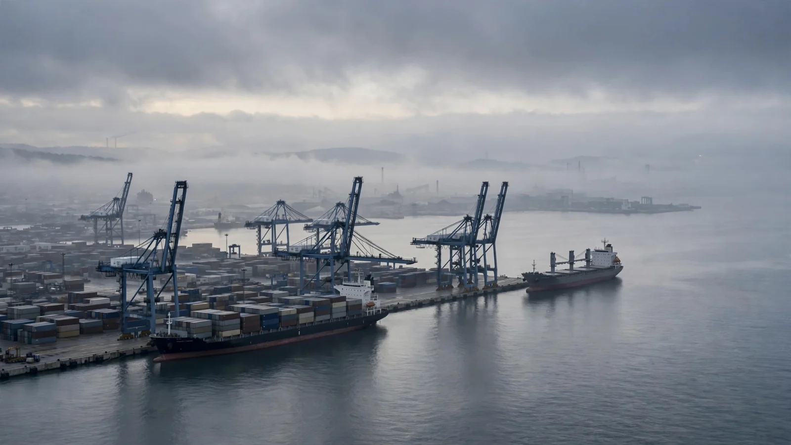 Cargo ships and container cranes at a commercial seaport on an overcast morning