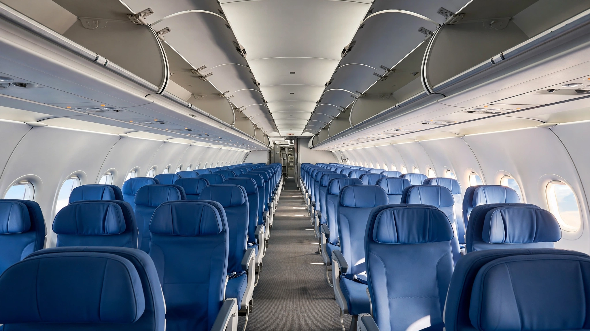 Empty rows of blue seats and open overhead bins inside a commercial airplane cabin