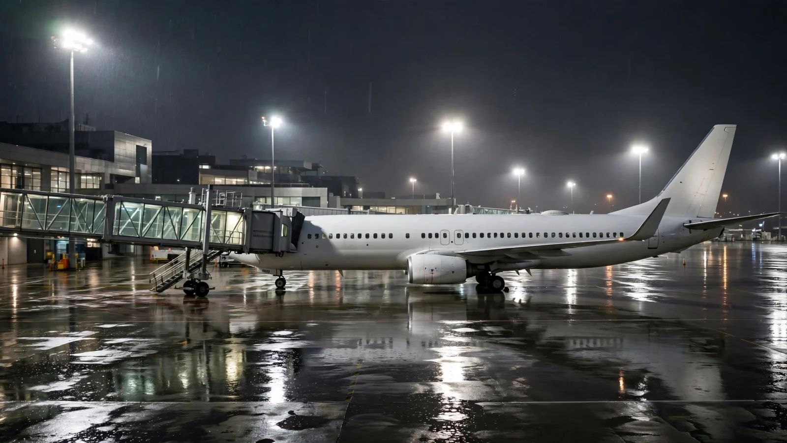 A white commercial passenger jet parked at an airport gate at night with a jet bridge attached