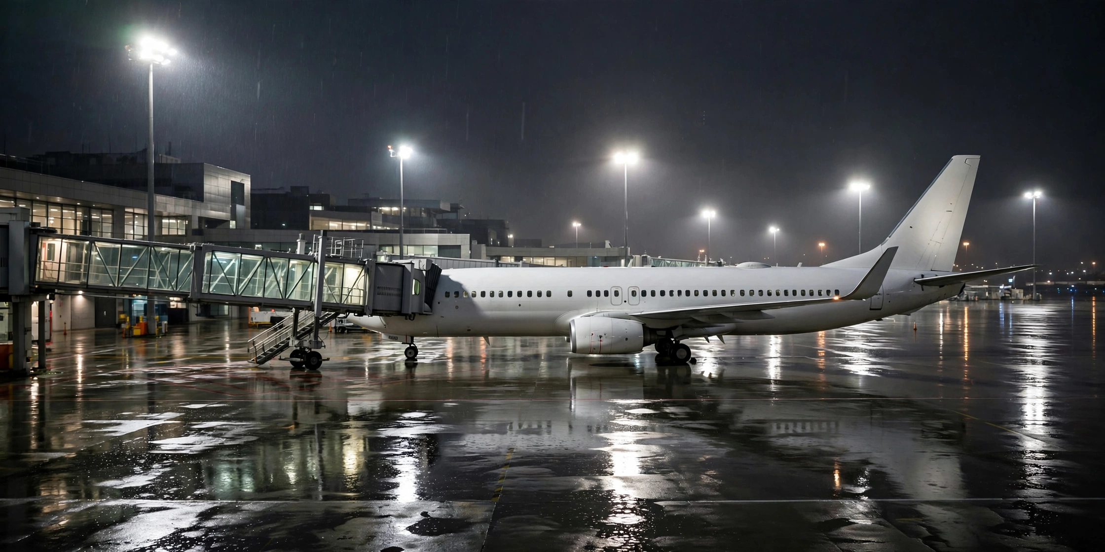 A white commercial passenger jet parked at an airport gate at night with a jet bridge attached