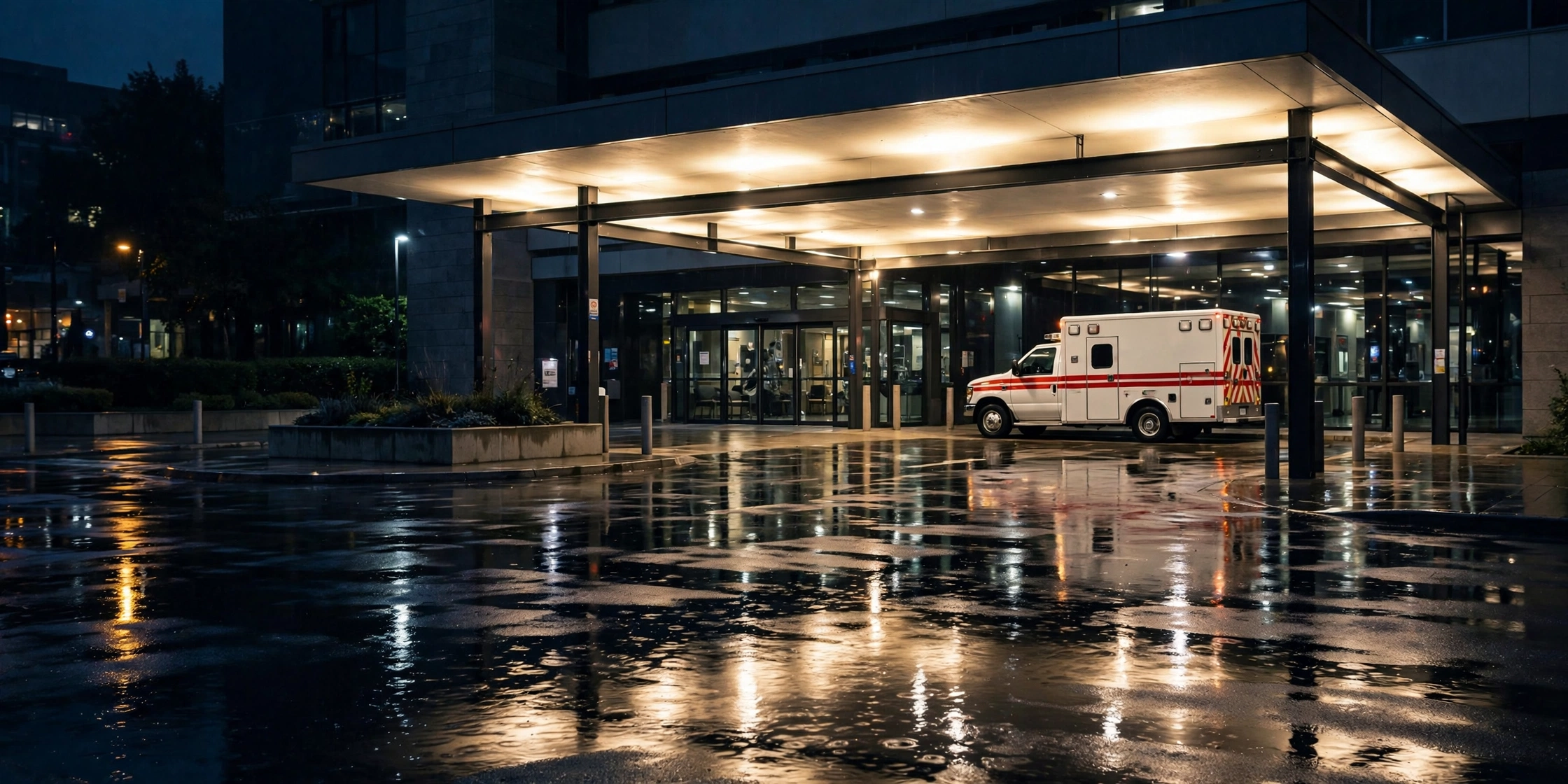 An ambulance parked outside a hospital emergency entrance at night with lights reflecting on wet pavement