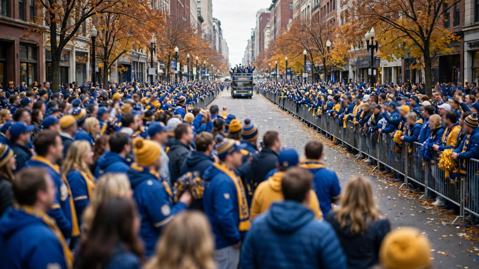 A large crowd in blue and gold clothing lining a downtown street for a championship parade as an open-top bus approaches