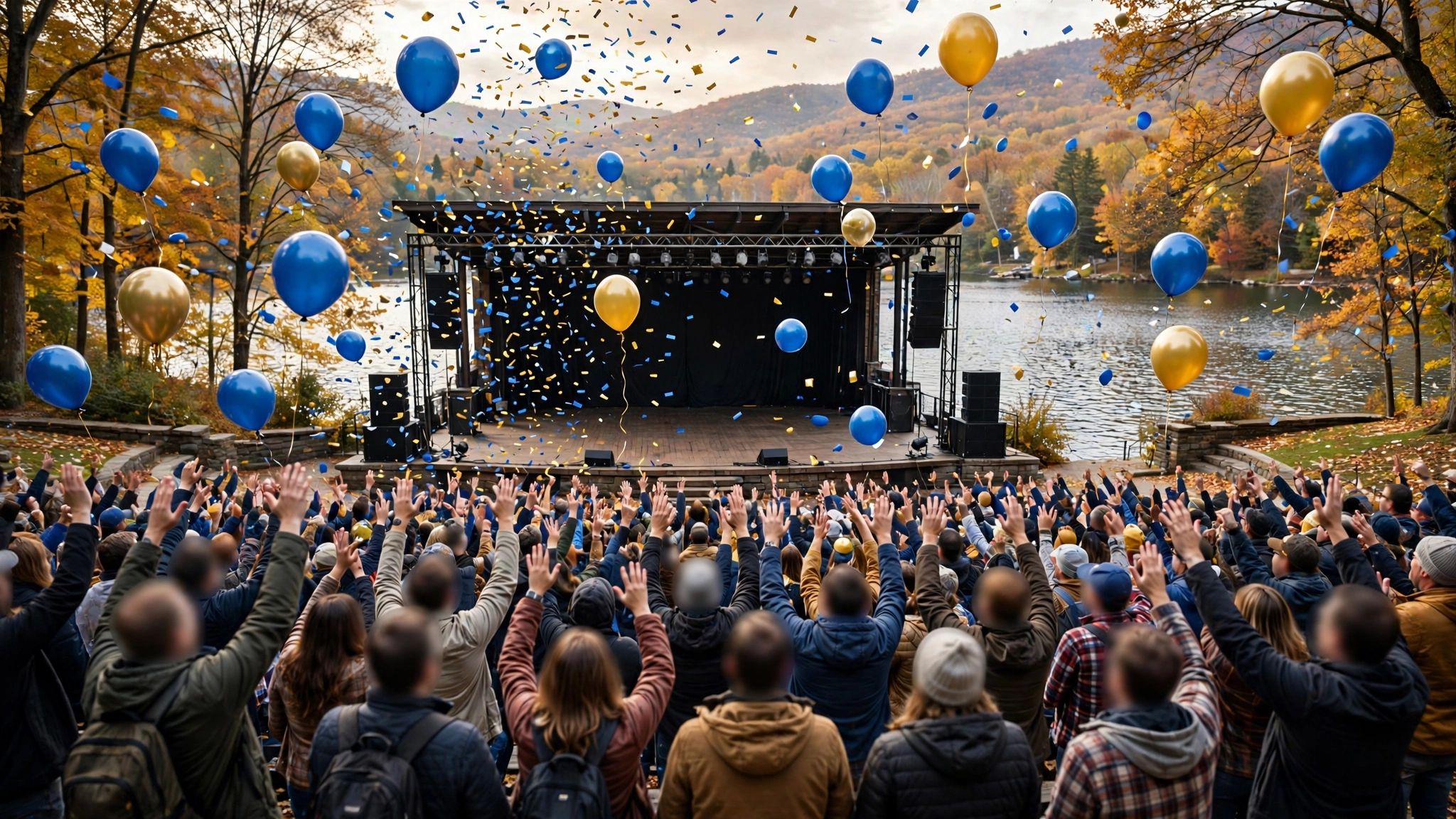 A crowd with raised hands in front of an outdoor lakeside stage as blue and gold balloons and confetti rise
