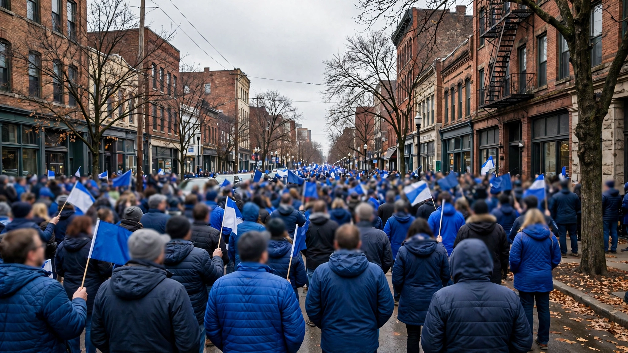 A large crowd in blue jackets waving blue and white flags on a downtown street lined with brick buildings