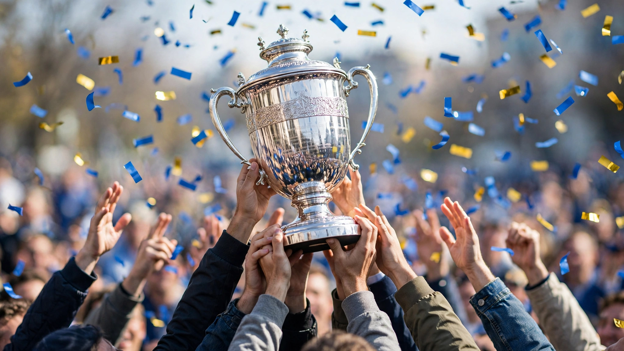 Hands holding a large silver trophy above a crowd as blue and gold confetti falls