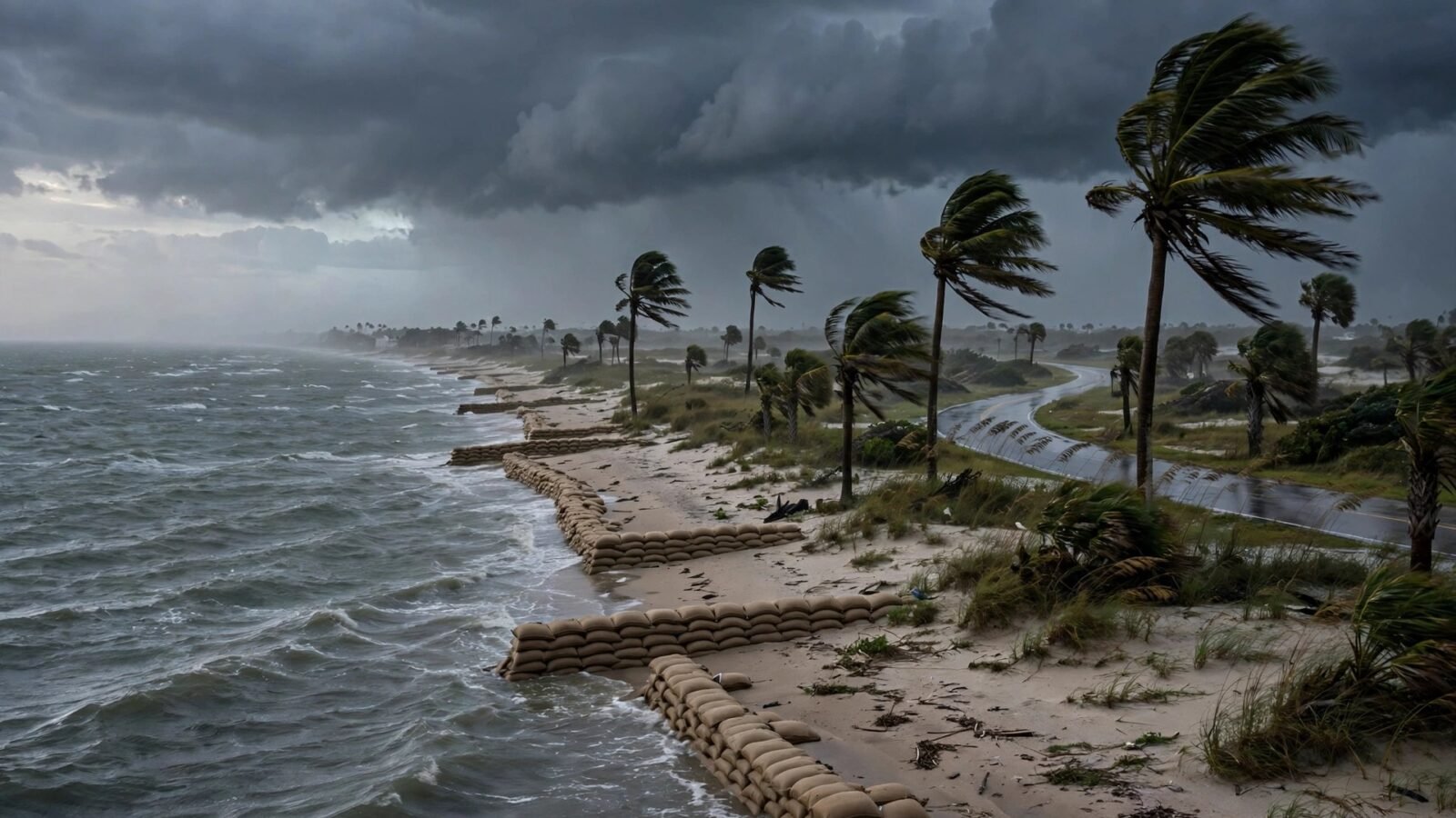 Dark storm clouds over a Gulf Coast beach with choppy water, sandbag barriers along the sand and palm trees bending in strong wind