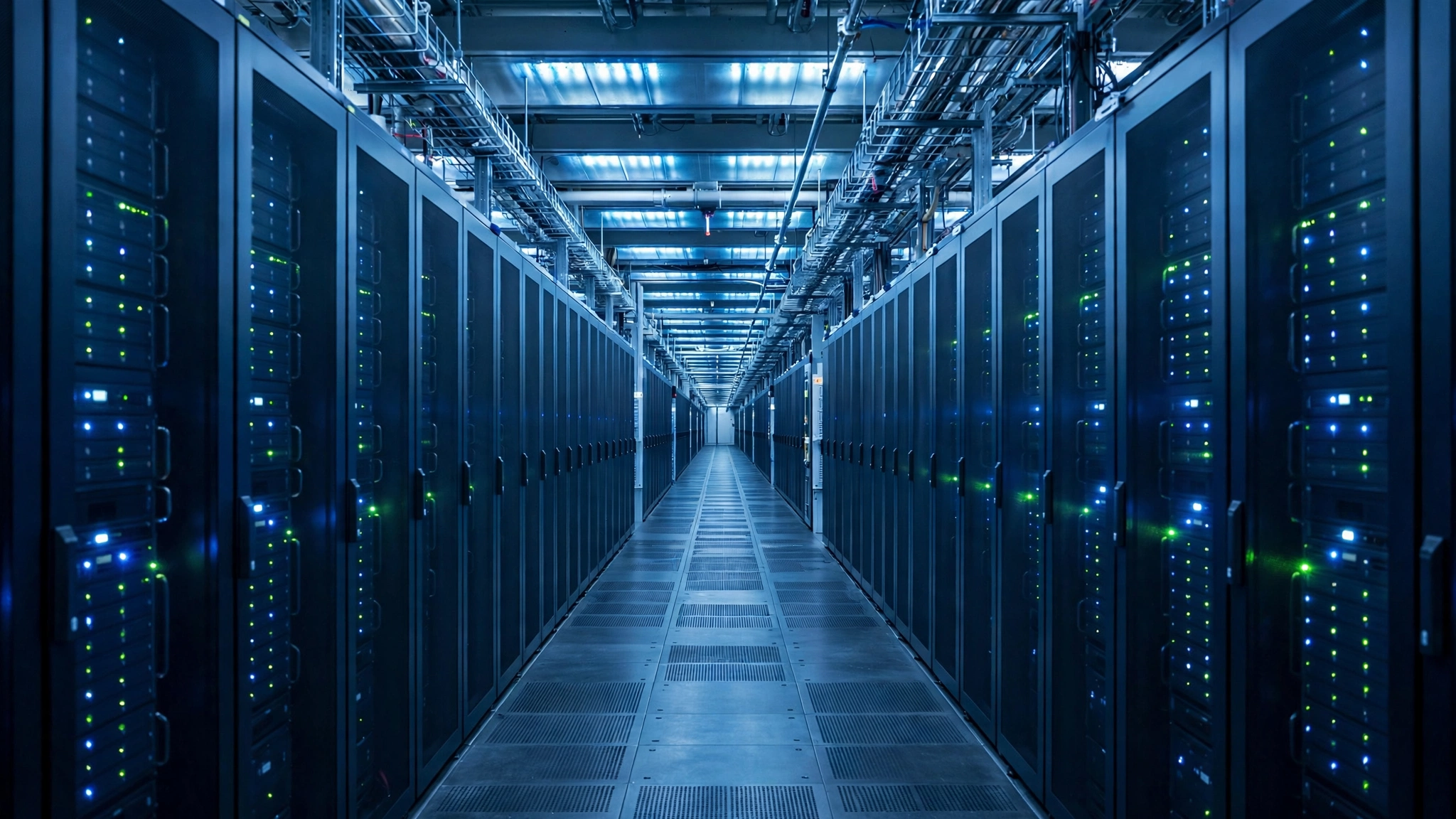 A long aisle of tall black server racks with blinking indicator lights inside a modern data center.