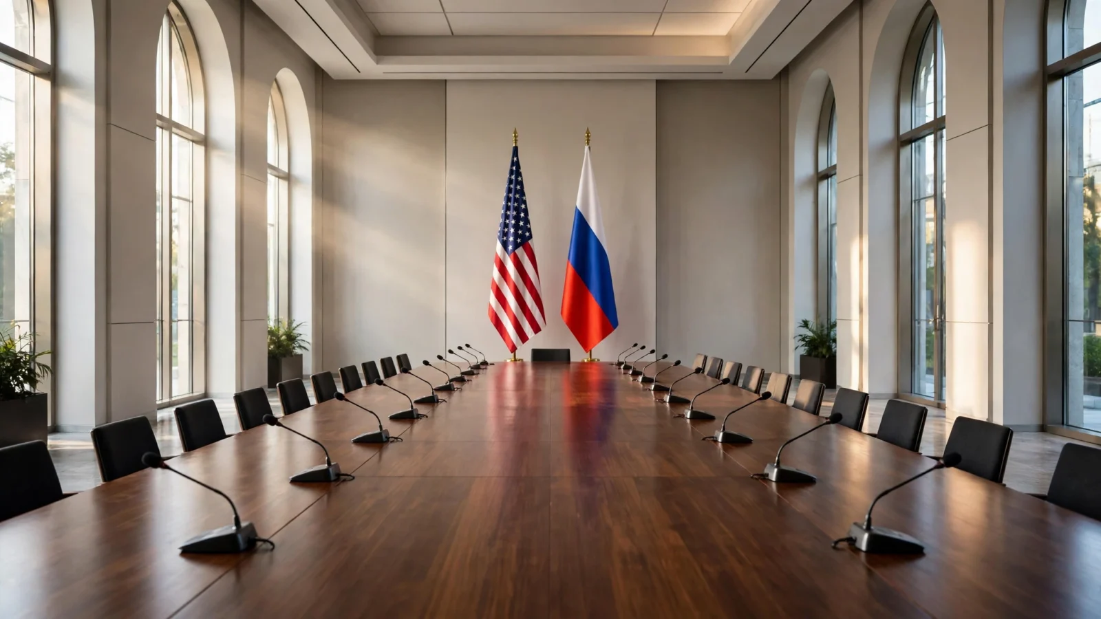 An empty conference hall with a long wooden table and microphones, with the flags of the United States and Russia standing side by side at the far end.