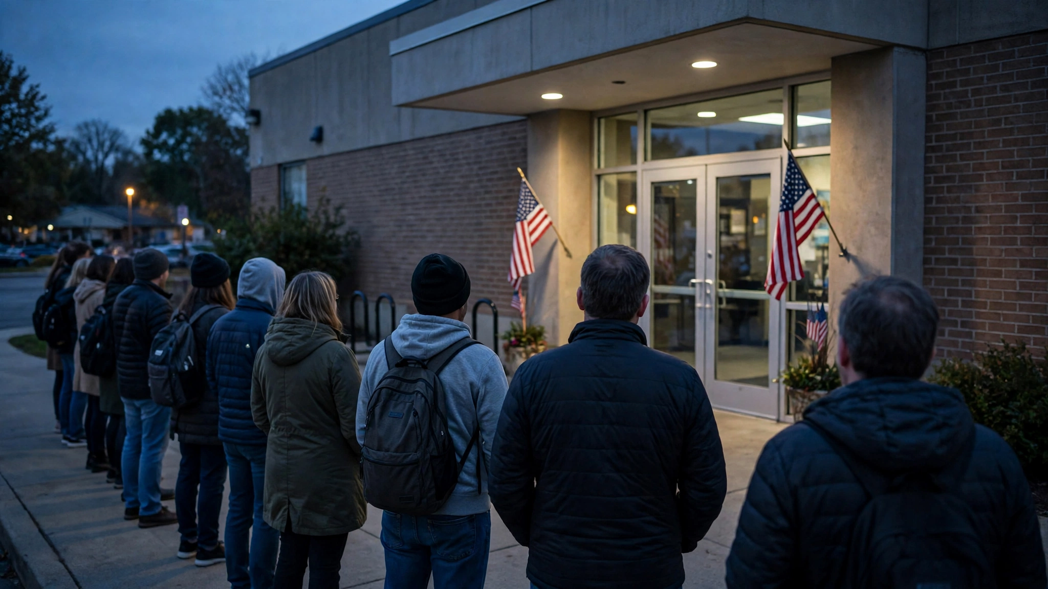People seen from behind standing in line outside a brick polling place building with American flags by the doors at dusk.