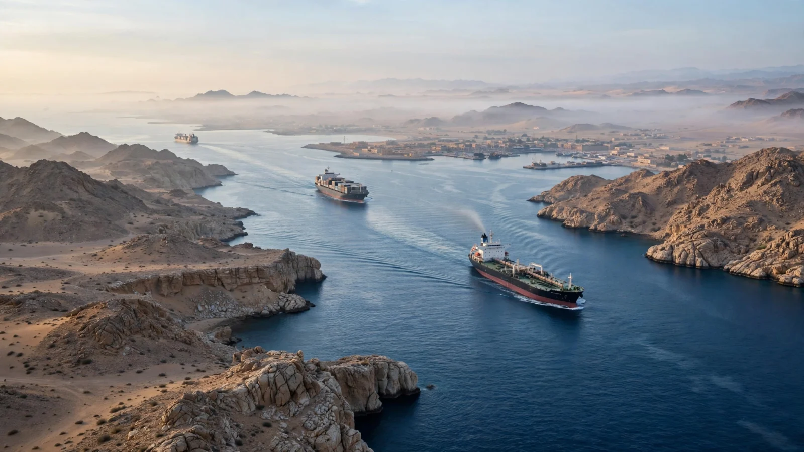 Aerial view of cargo ships and a tanker transiting a narrow Red Sea strait between arid rocky coastlines at dawn, with a small port town in the distance.