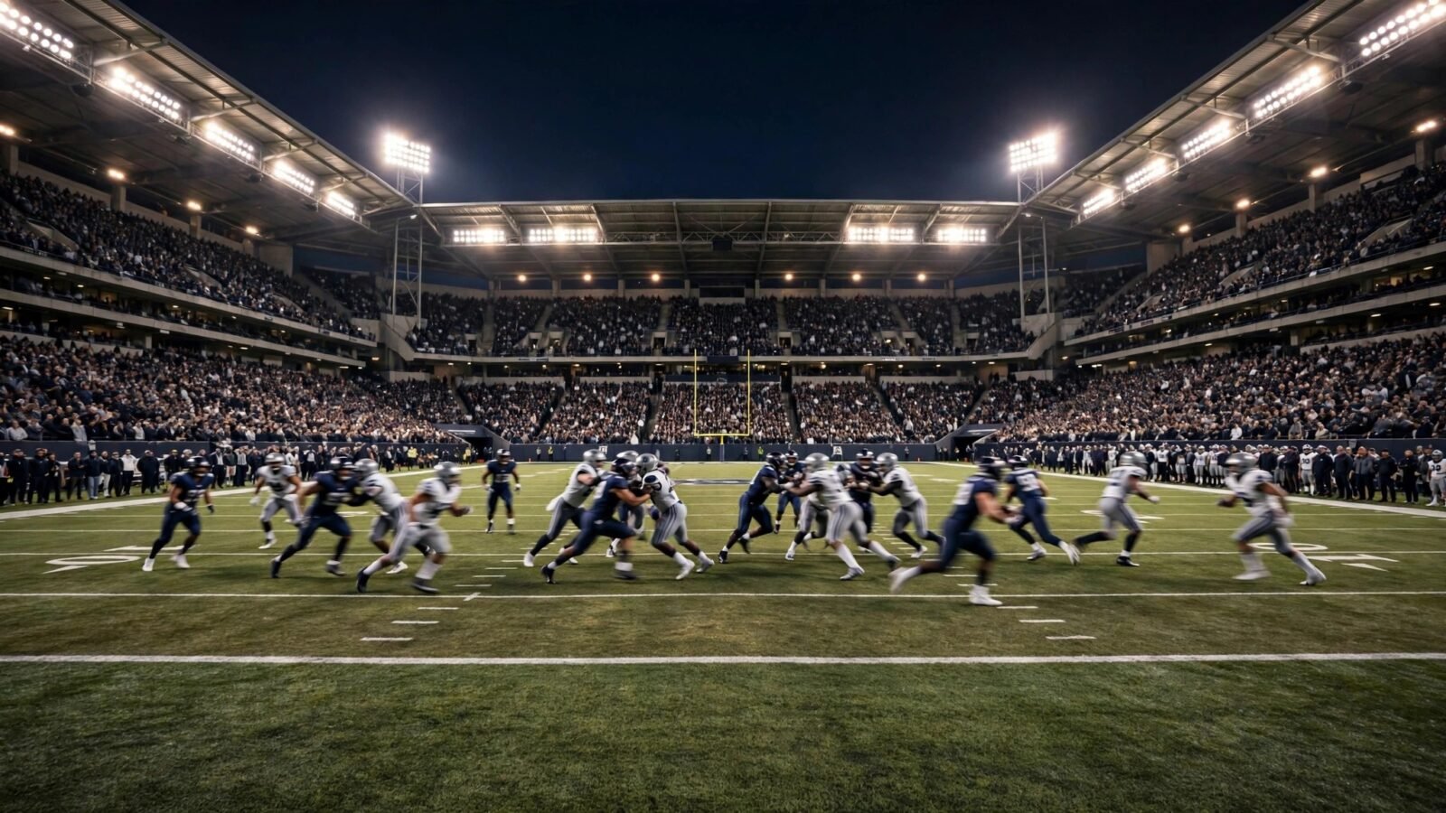 A packed professional football stadium at night under bright floodlights, players on the field