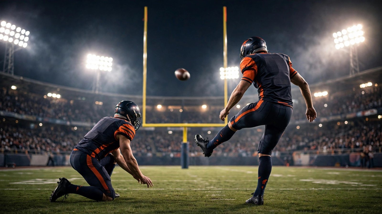 A placekicker in a navy-and-orange uniform kicking a football through the uprights under stadium lights at night