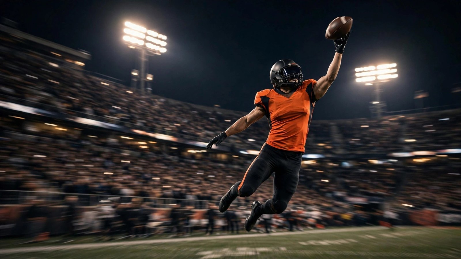 A defensive back in an orange uniform leaping to intercept a football under stadium lights