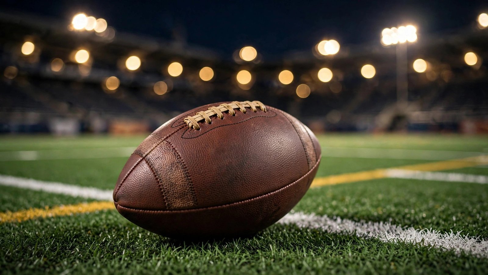 A leather football resting on artificial turf yard lines under stadium lights at night