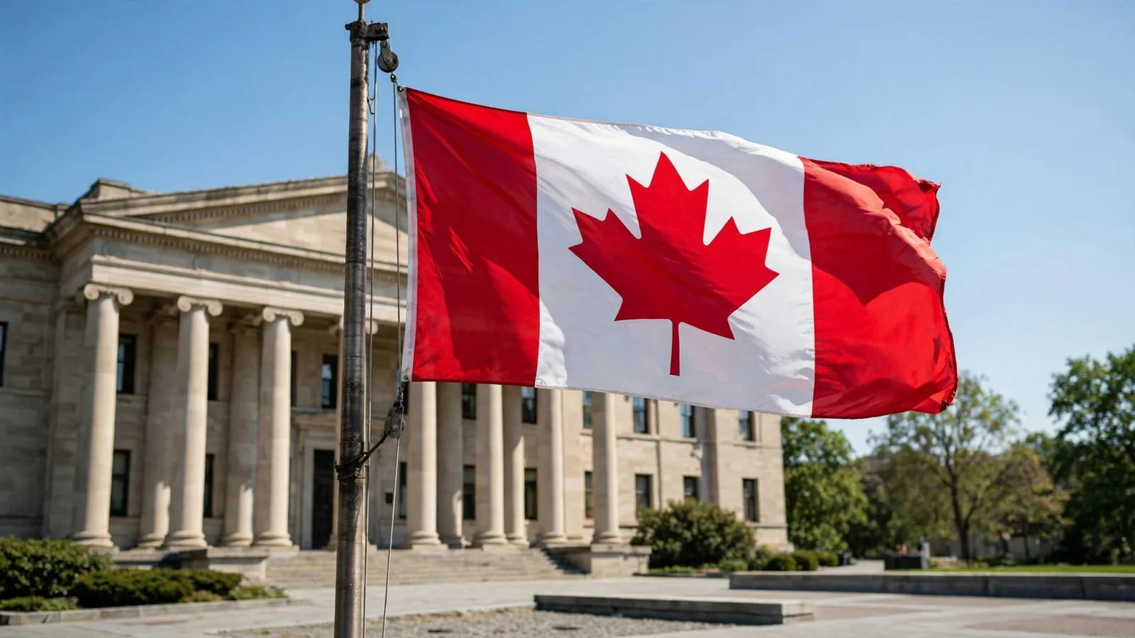 A Canadian flag flying on a flagpole in front of a government building.