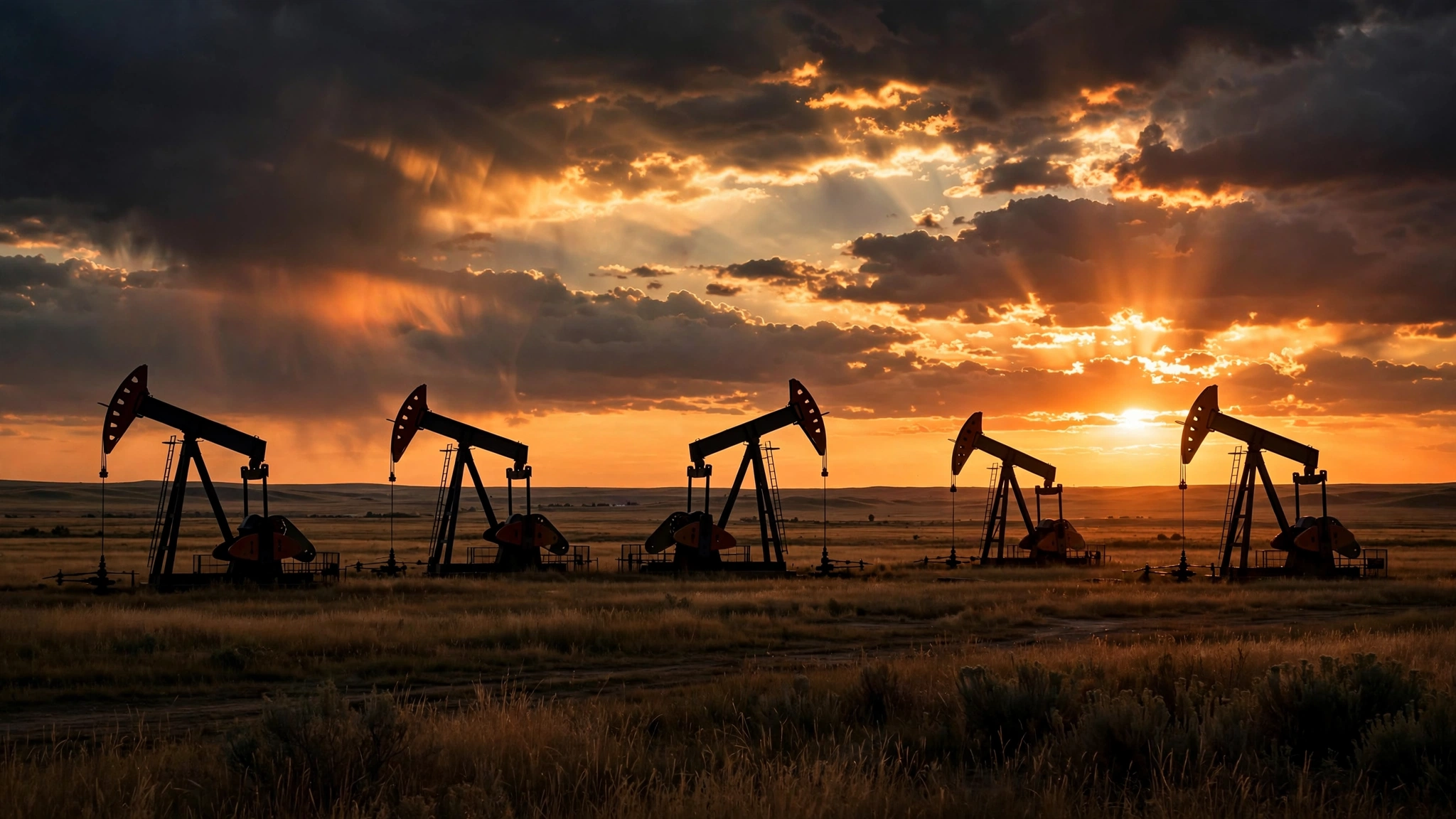Oil pumpjacks silhouetted against a sunset sky on the prairie.