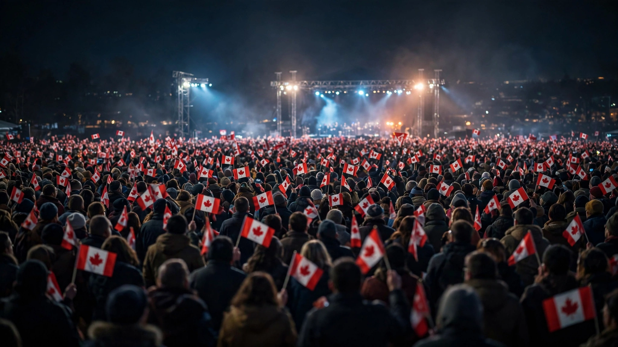 A crowd at an outdoor nighttime rally waving small Canadian flags.