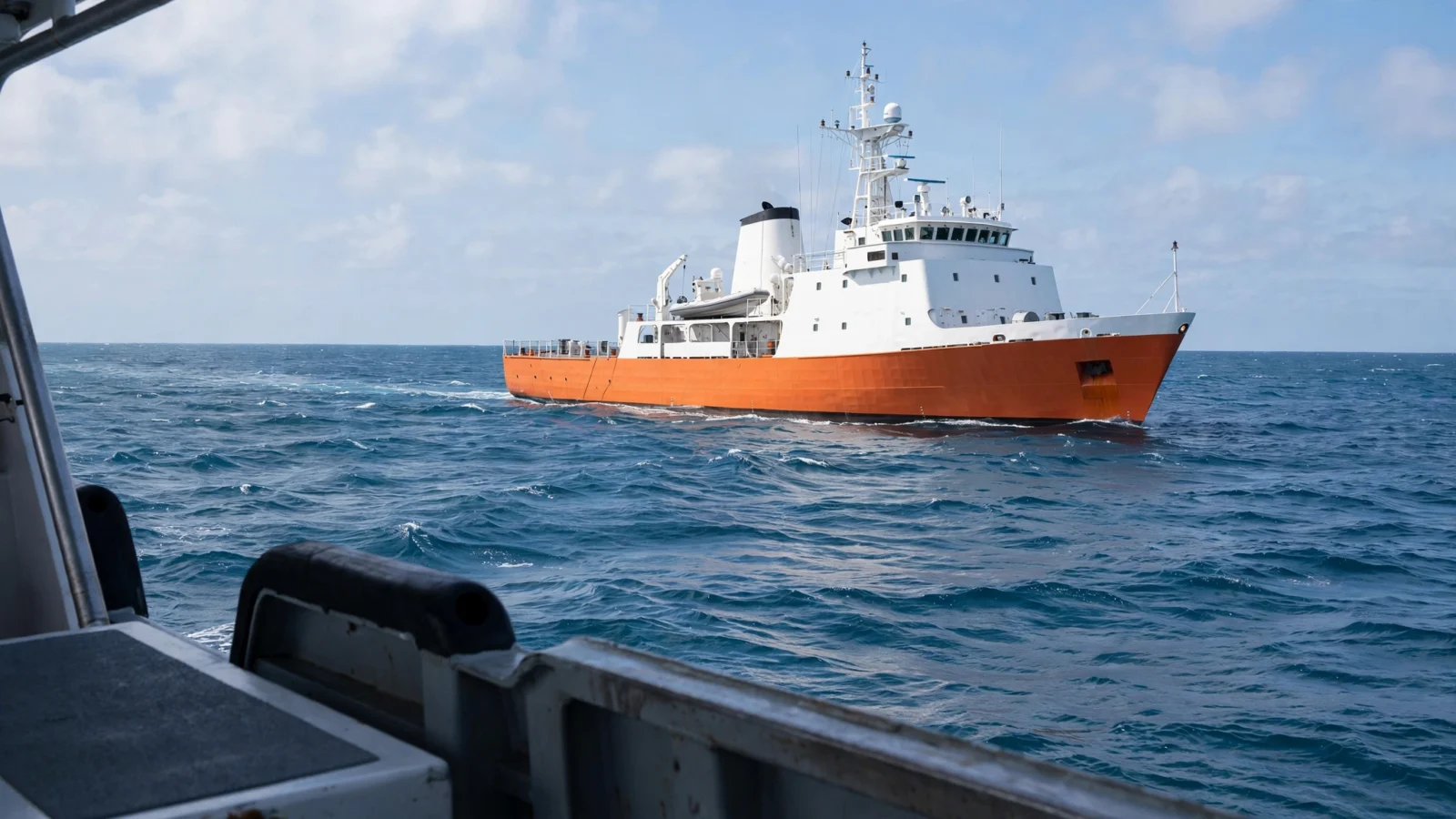 An orange and white Coast Guard cutter on the open ocean, viewed from a nearby vessel