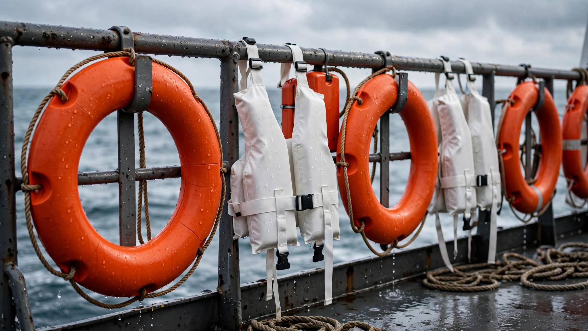 Orange life rings and white life vests hanging on a ship's railing at sea