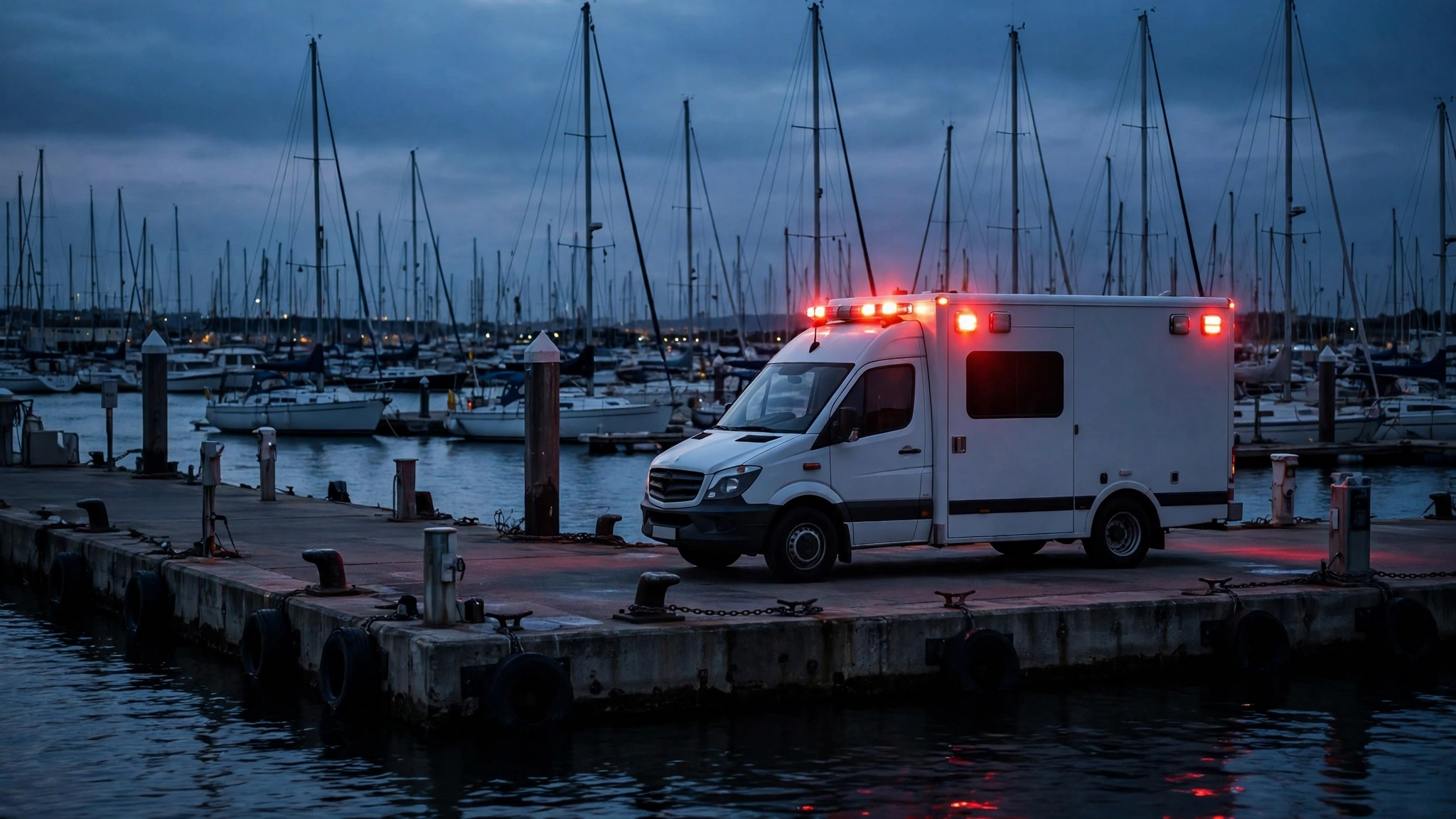An ambulance with flashing lights parked on a harbor dock at dusk