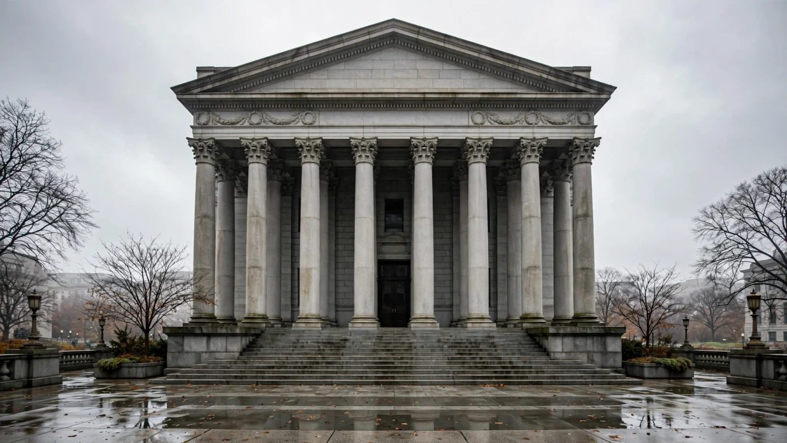 A grand federal courthouse facade with tall stone columns viewed from an empty plaza on an overcast morning