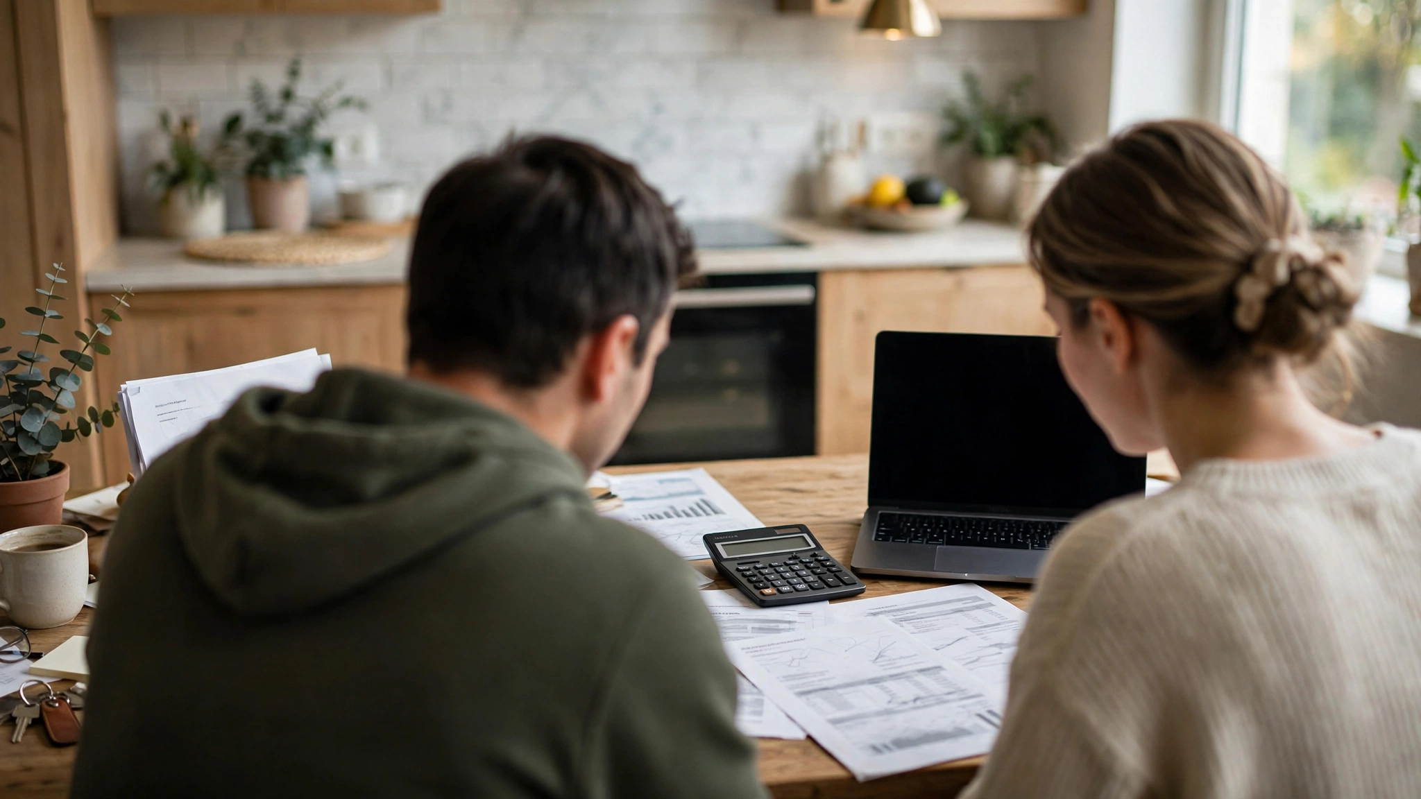 Two people seen from behind reviewing budget documents with a calculator and laptop at a kitchen table