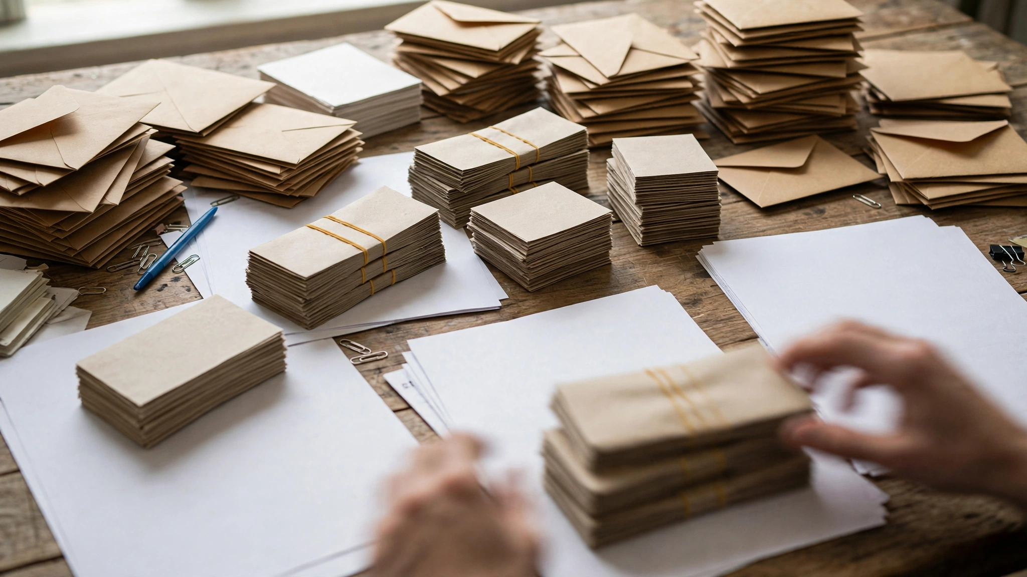 Hands sorting through stacks of envelopes, bills and financial paperwork on a wooden desk