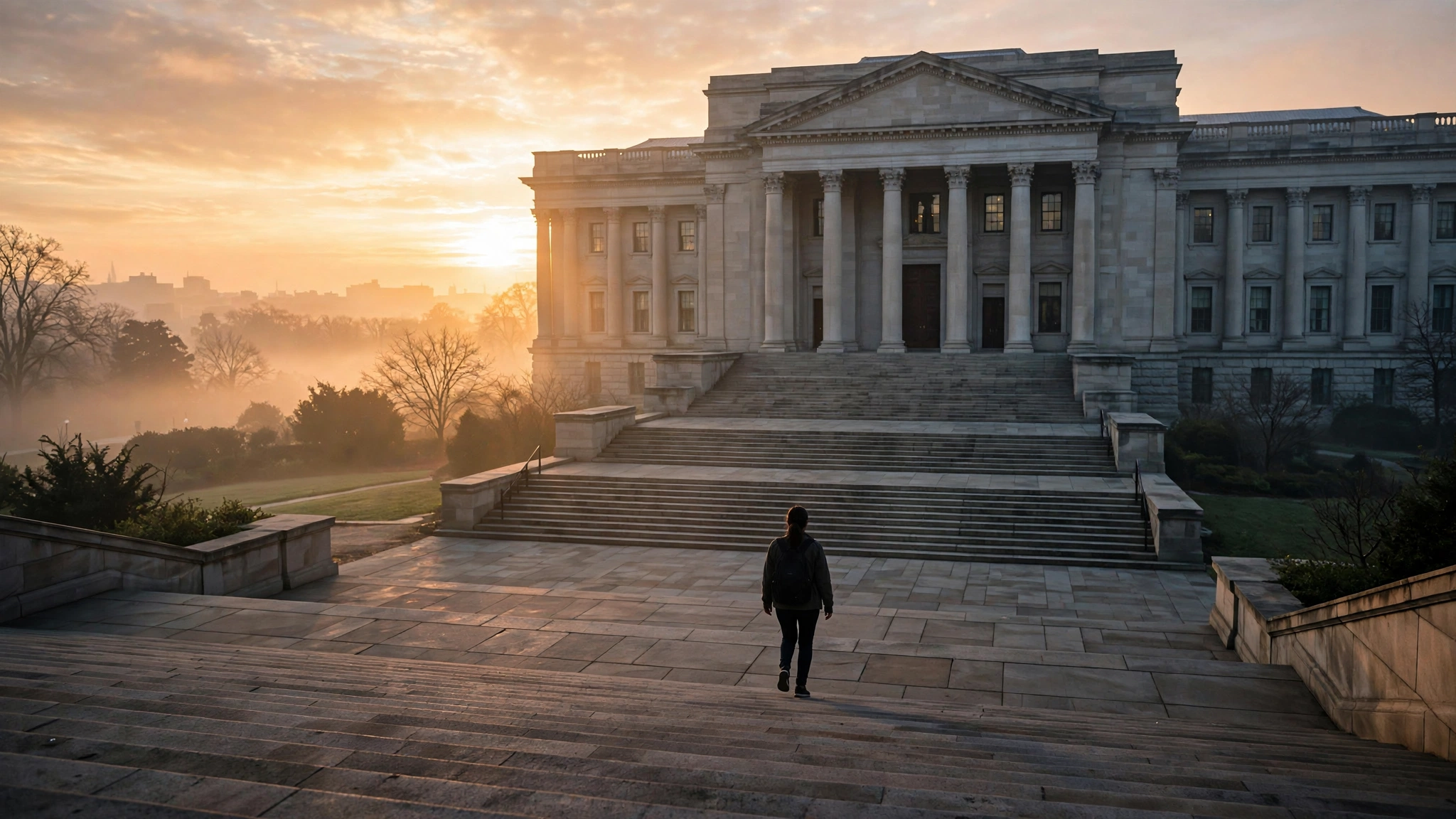 A person walking down wide stone steps away from a columned government building at sunrise