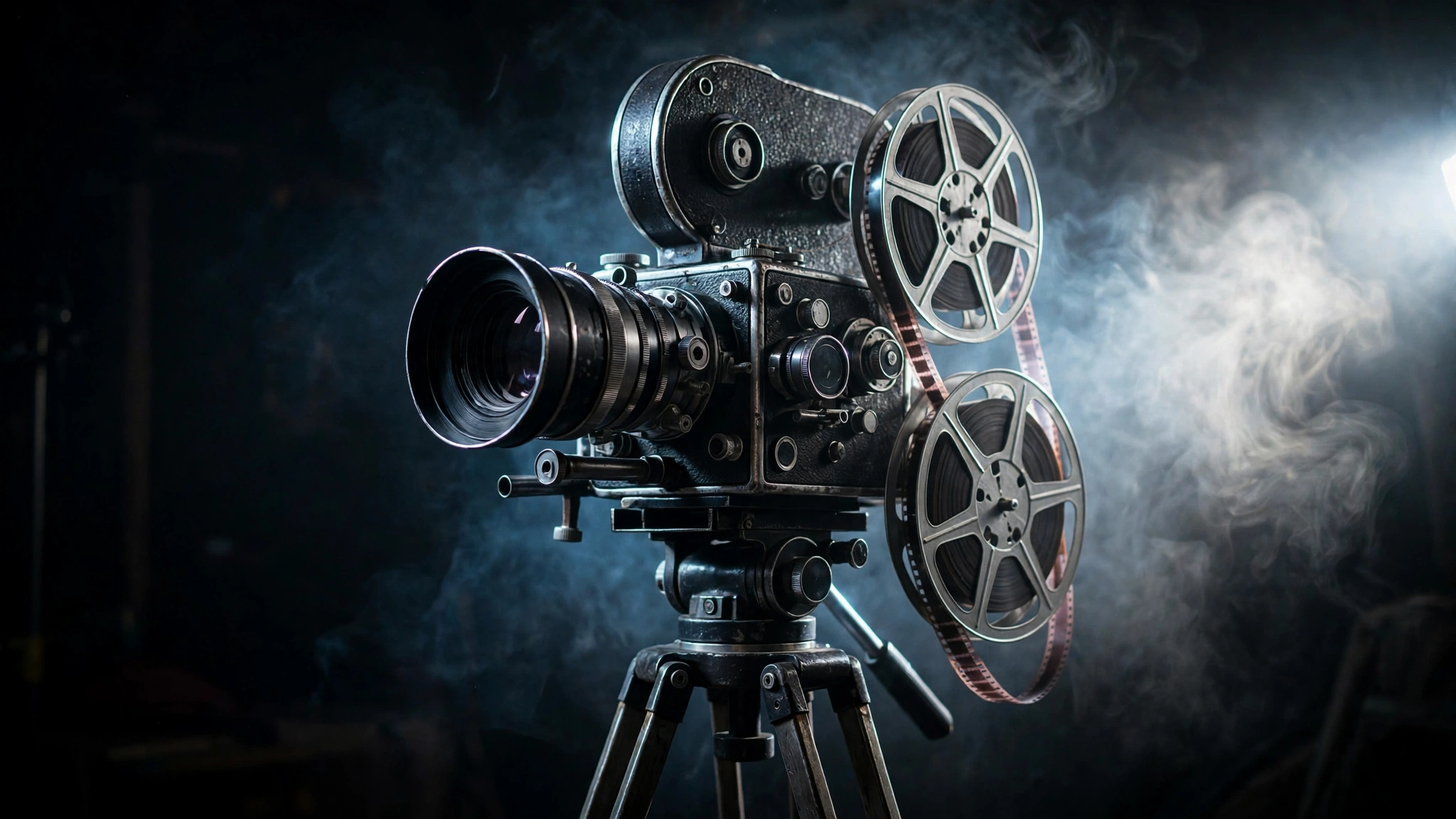 A vintage cinema film camera on a tripod in a dark studio with dramatic backlighting.