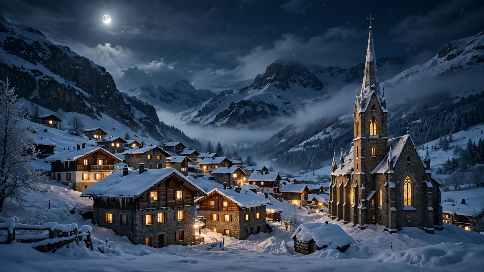 A snow-covered alpine town at night with a stone church spire, glowing windows, and moonlit mountains.