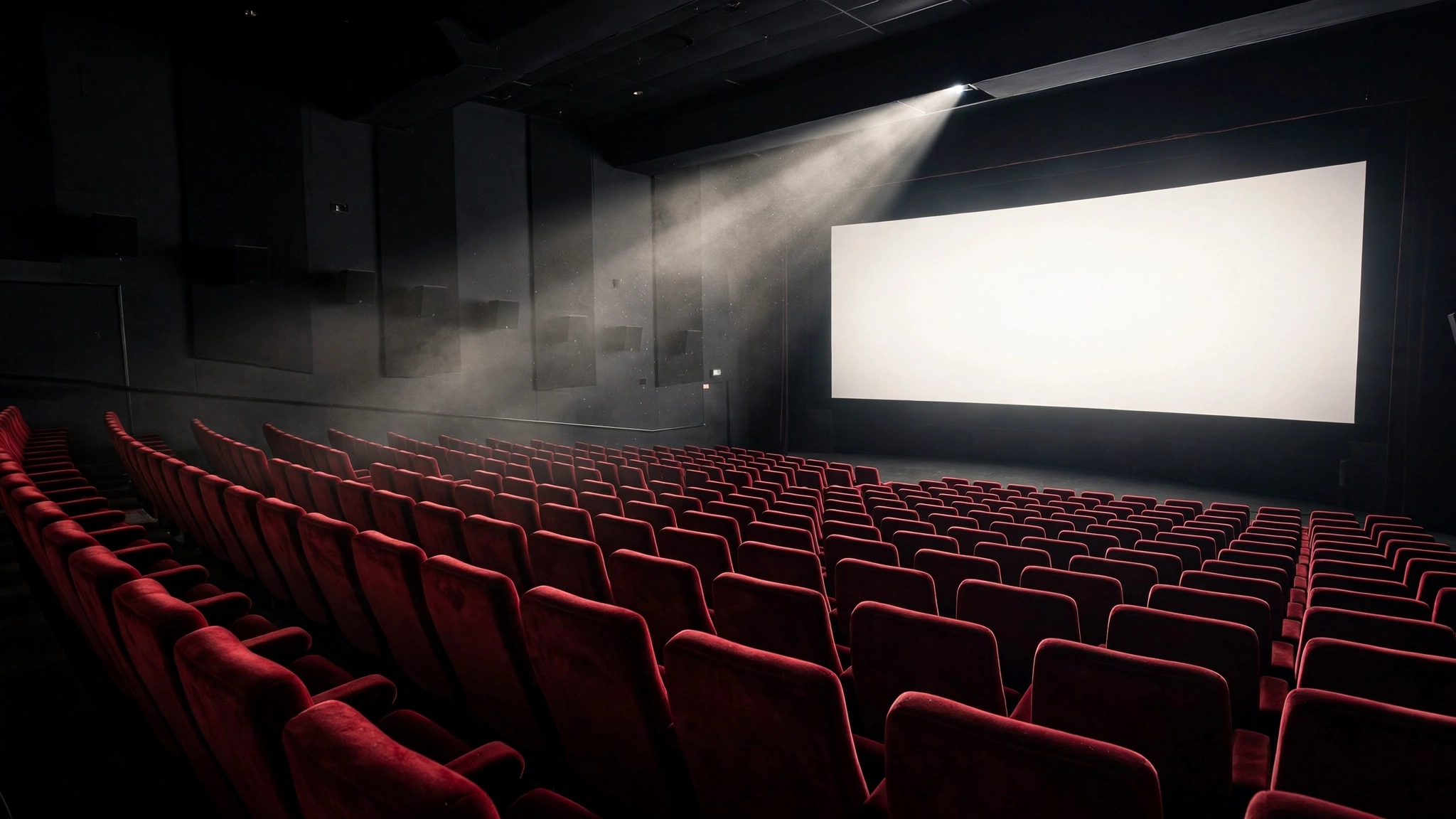 An empty movie theater with rows of red seats facing a large glowing screen.